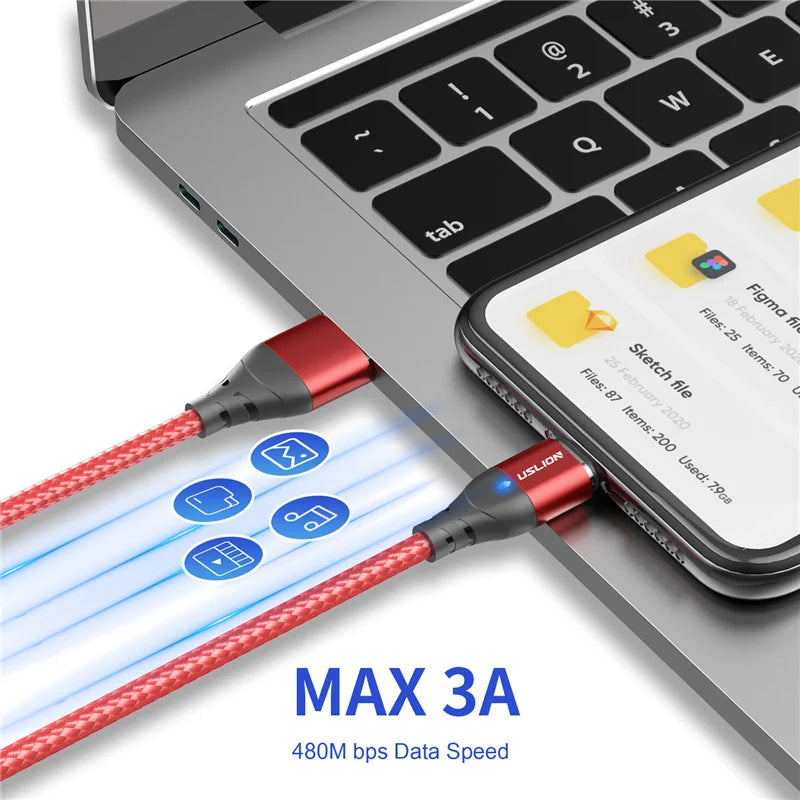 USLION Magnetic Cable Micro USB Type C Lighting Cable For iPhone 13 12 11 3A Fast Charging Wire USB C Magnet Charger Phone Cable